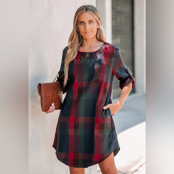 Cupshe Plaid Long Sleeve dress with adjustable sleeves NWOT - Picture 1 of 4